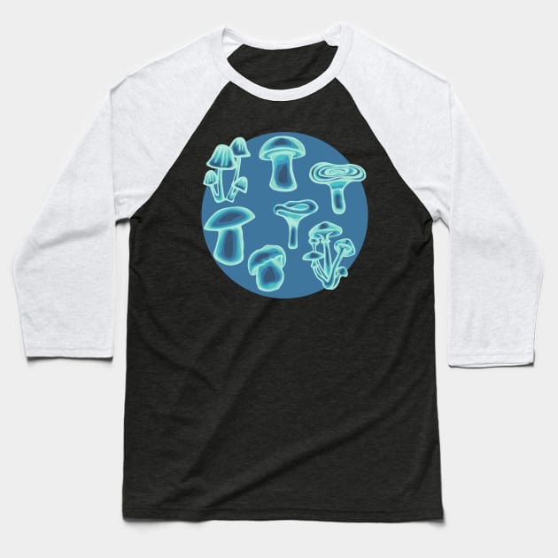 Psychedelic Teal Mushrooms Sticker Pack and All Over Print Baseball T-Shirt by Slightly Unhinged